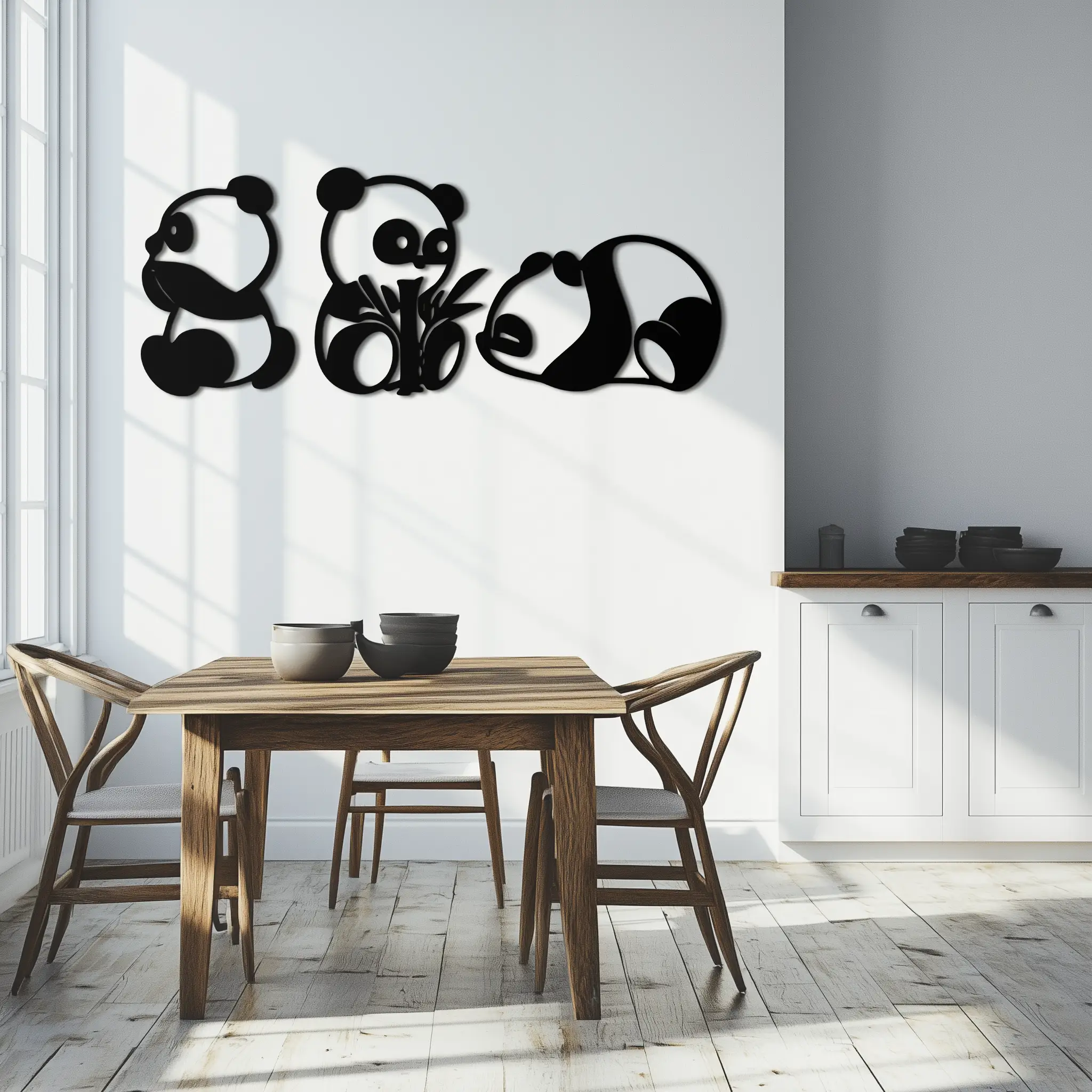Cute Panda Trio Metal Wall Art – Black Steel Playful Animal Nursery Decor- KAF515 by Enova Art