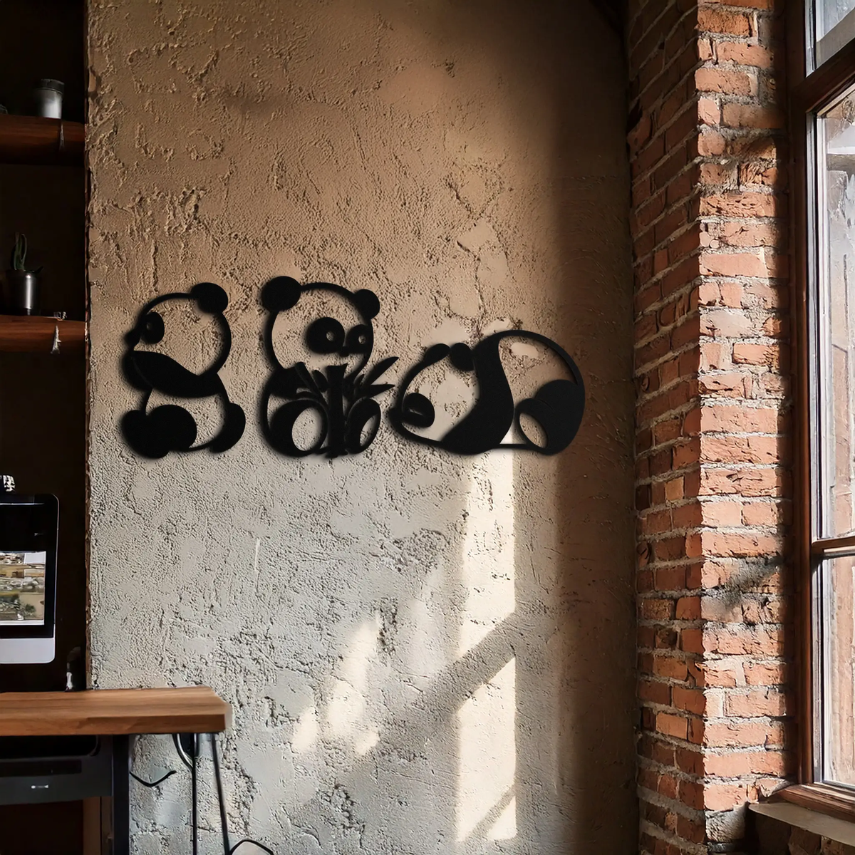 Cute Panda Trio Metal Wall Art – Black Steel Playful Animal Nursery Decor- KAF515 by Enova Art