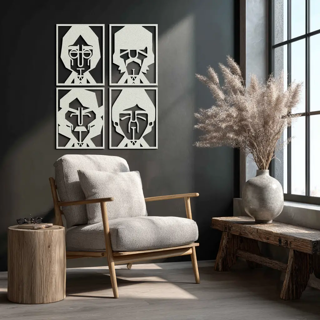 Abstract Geometric Faces Metal Wall Art - Modern Black Steel Home Decor Set of Four- KAF516 by Enova Art