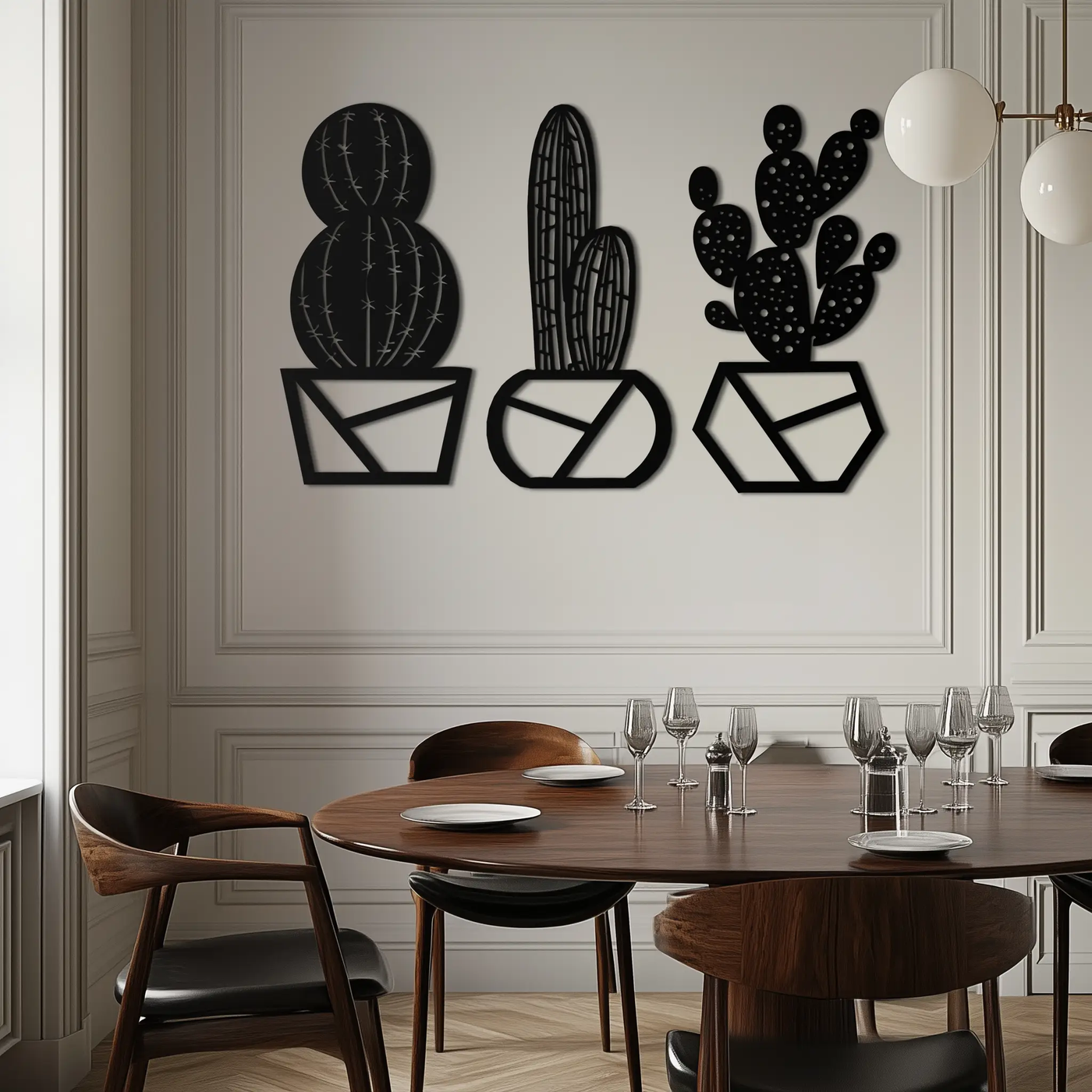 Geometric Cactus Set Metal Wall Art – Modern Black Steel Succulent Decor for Home and Office- KAF518 by Enova Art