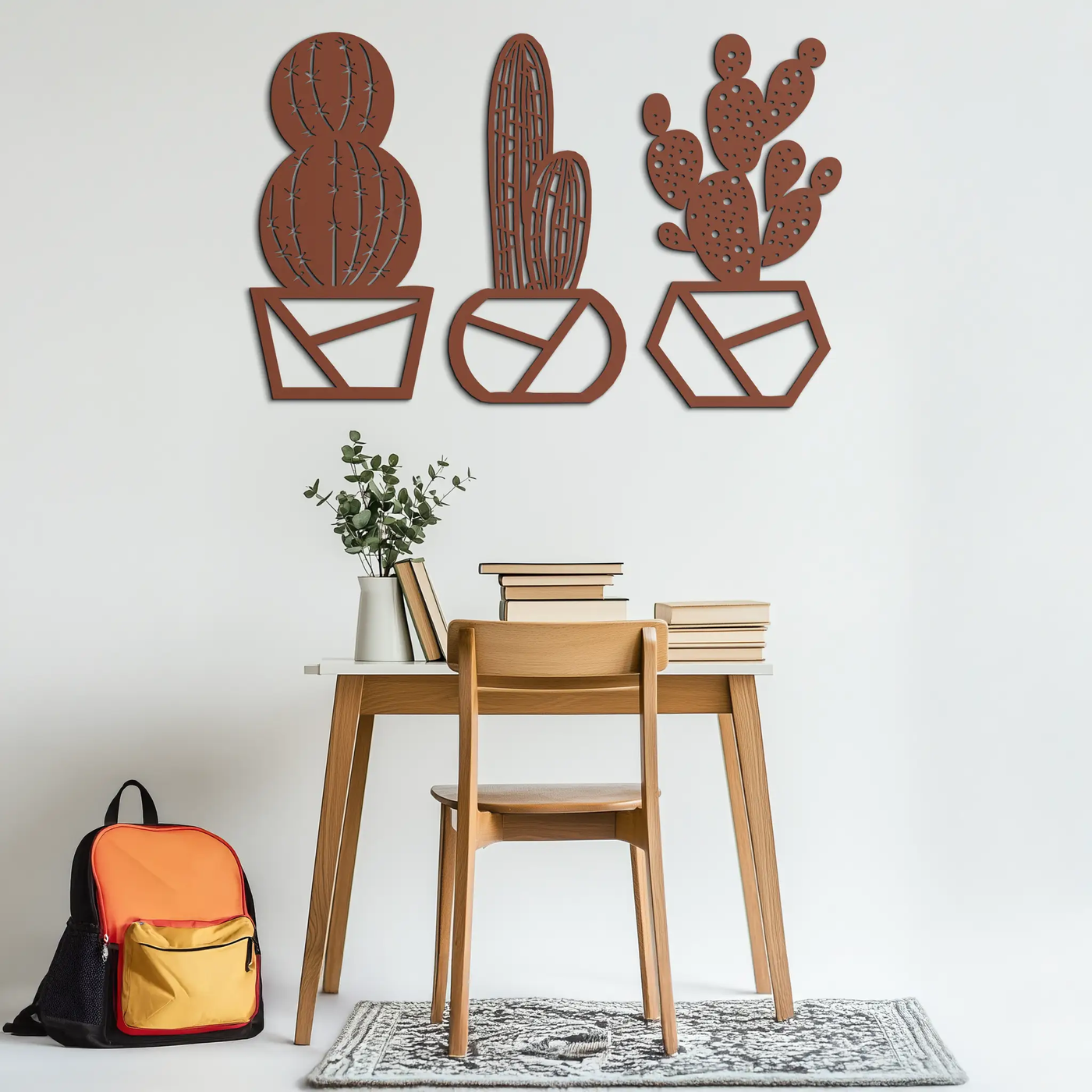 Geometric Cactus Set Metal Wall Art – Modern Black Steel Succulent Decor for Home and Office- KAF518 by Enova Art