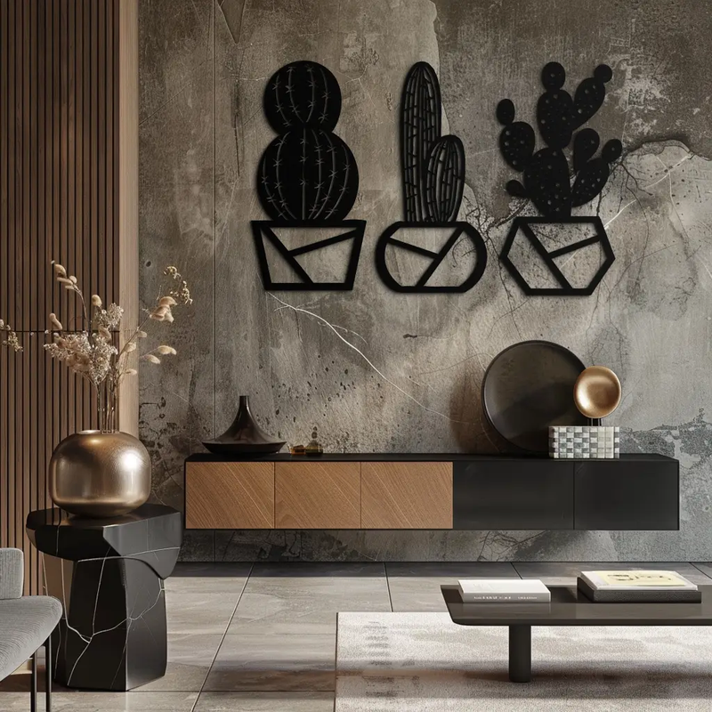 Geometric Cactus Set Metal Wall Art – Modern Black Steel Succulent Decor for Home and Office- KAF518 by Enova Art