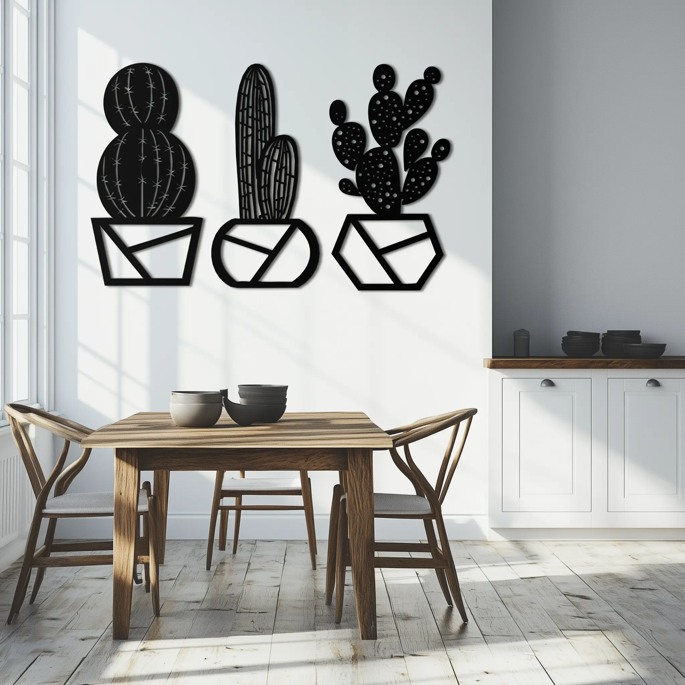 Geometric Cactus Set Metal Wall Art – Modern Black Steel Succulent Decor for Home and Office- KAF518 by Enova Art