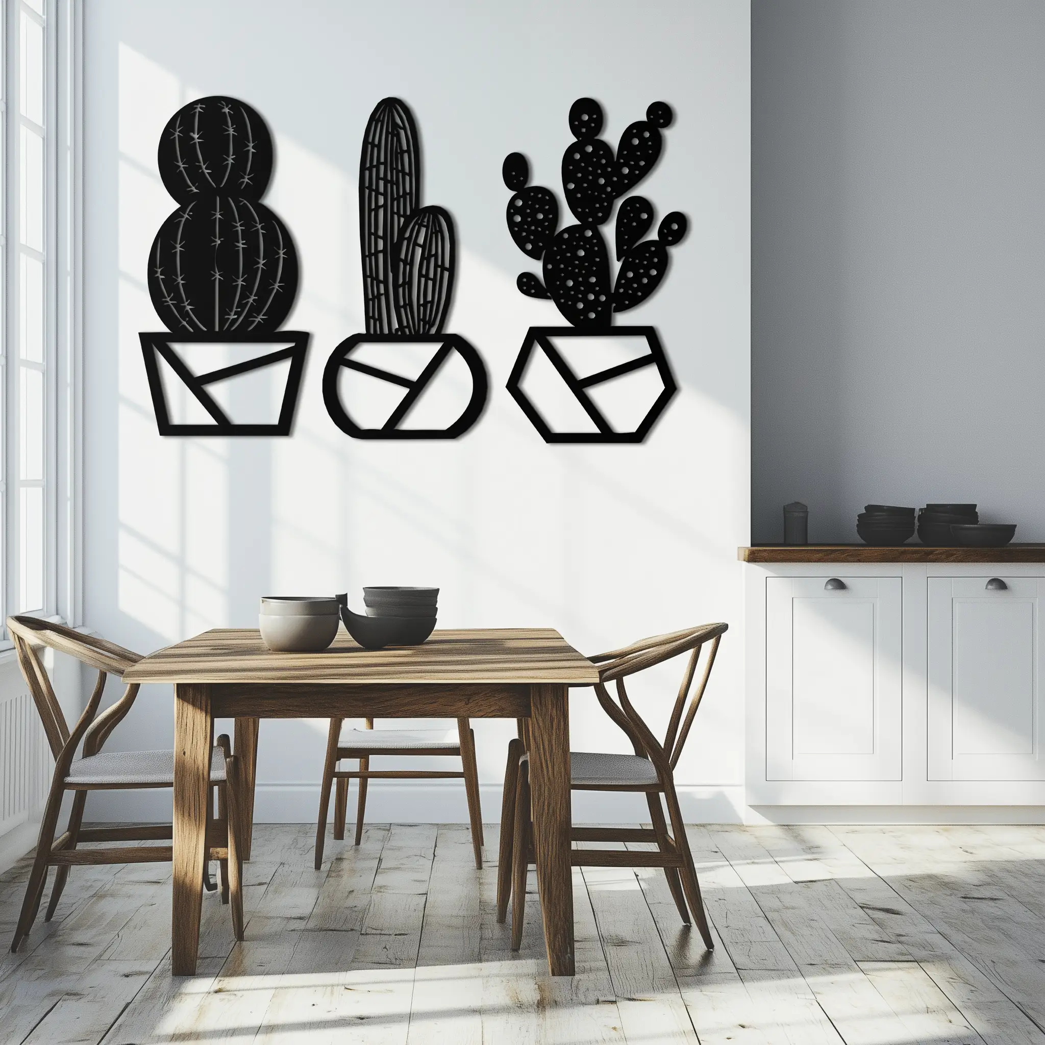 Geometric Cactus Set Metal Wall Art – Modern Black Steel Succulent Decor for Home and Office- KAF518 by Enova Art
