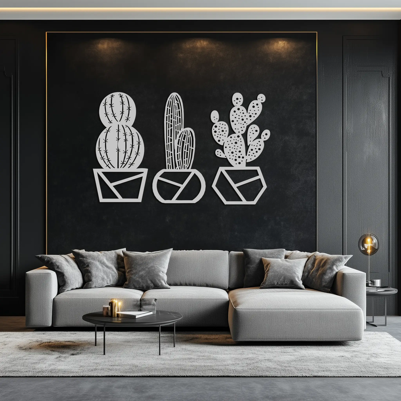 Geometric Cactus Set Metal Wall Art – Modern Black Steel Succulent Decor for Home and Office- KAF518 by Enova Art