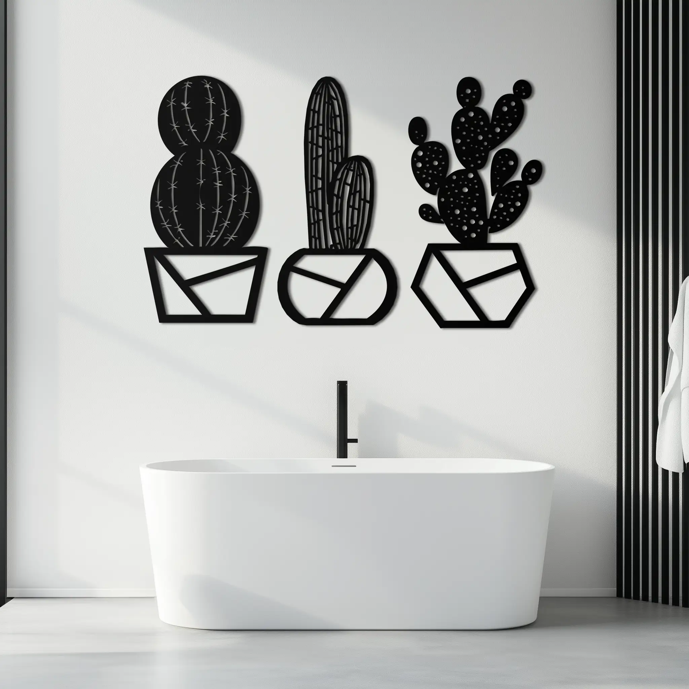 Geometric Cactus Set Metal Wall Art – Modern Black Steel Succulent Decor for Home and Office- KAF518 by Enova Art