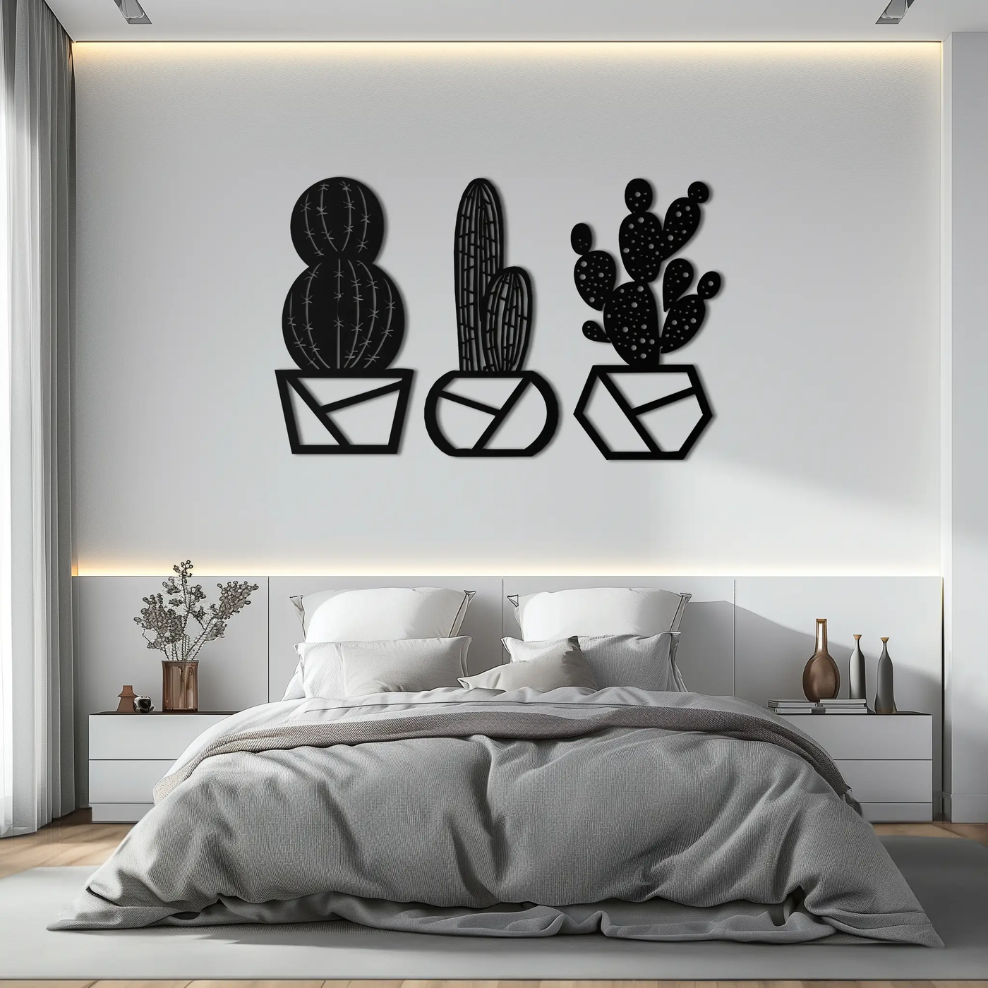 Geometric Cactus Set Metal Wall Art – Modern Black Steel Succulent Decor for Home and Office- KAF518 by Enova Art