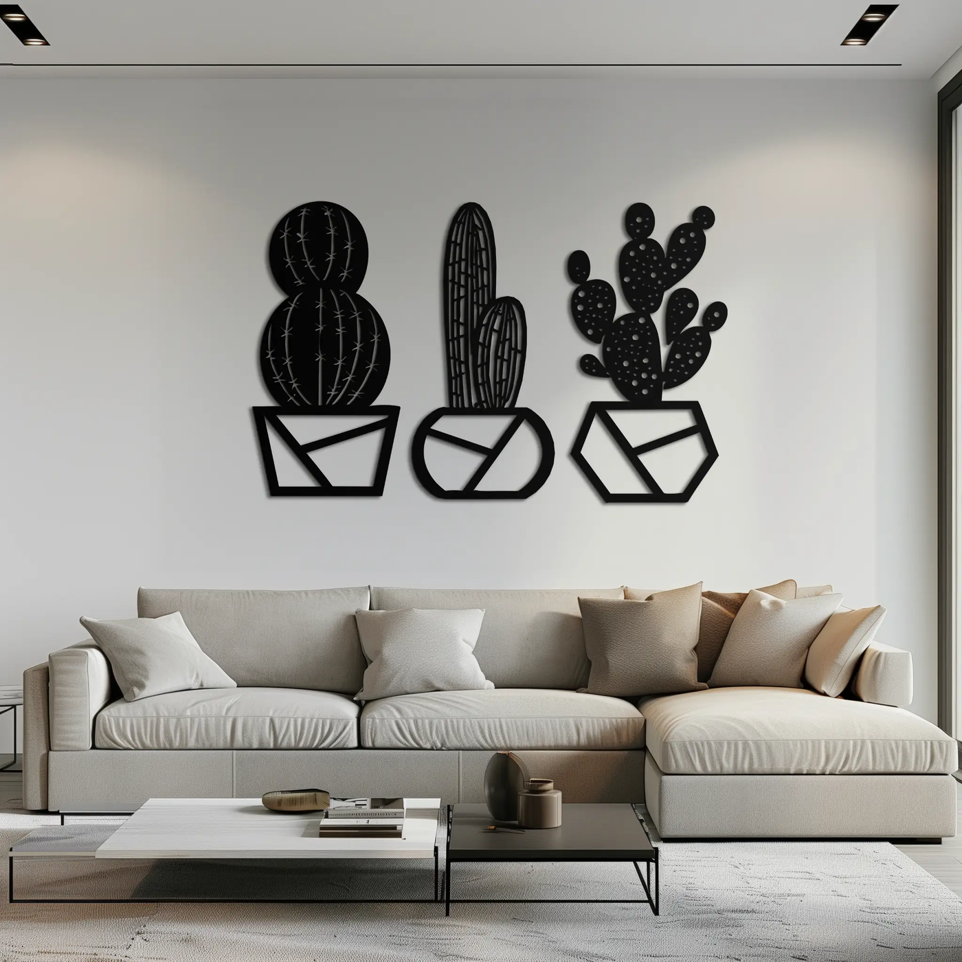 Geometric Cactus Set Metal Wall Art – Modern Black Steel Succulent Decor for Home and Office- KAF518 by Enova Art