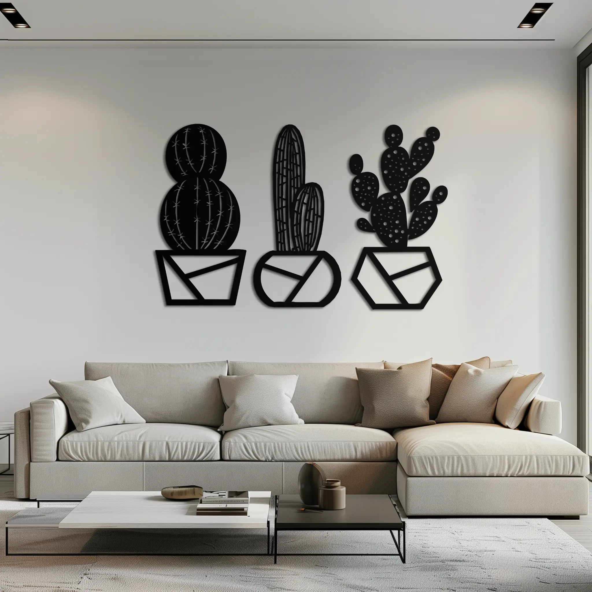 Geometric Cactus Set Metal Wall Art – Modern Black Steel Succulent Decor for Home and Office- KAF518 by Enova Art