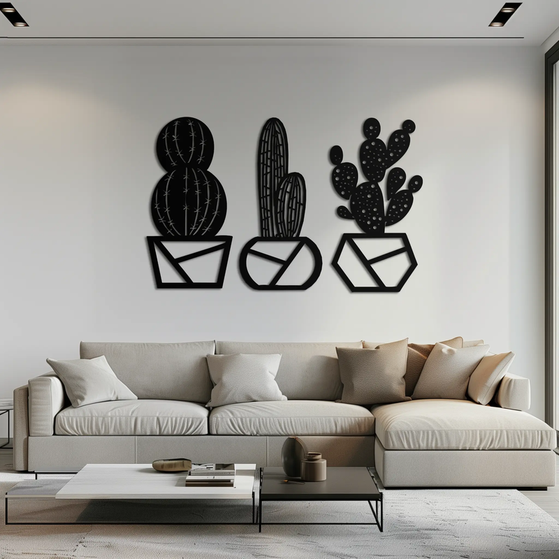 Geometric Cactus Set Metal Wall Art – Modern Black Steel Succulent Decor for Home and Office- KAF518 by Enova Art