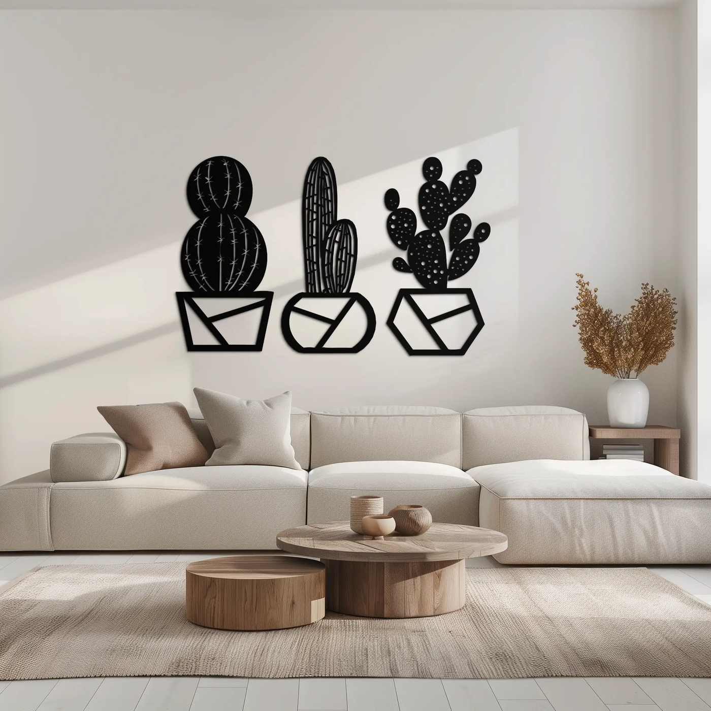Geometric Cactus Set Metal Wall Art – Modern Black Steel Succulent Decor for Home and Office- KAF518 by Enova Art