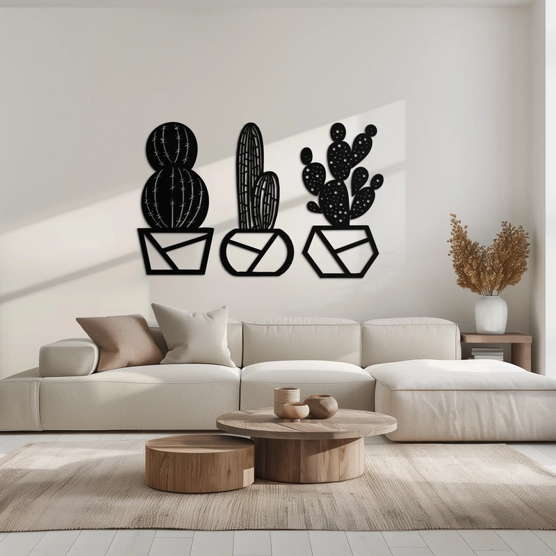 Geometric Cactus Set Metal Wall Art – Modern Black Steel Succulent Decor for Home and Office- KAF518 by Enova Art