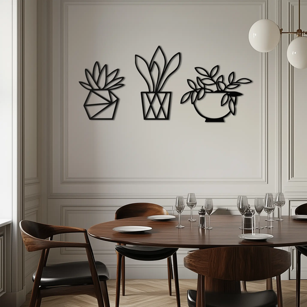 Geometric Plant Silhouette Metal Wall Art – Modern Black Botanical Home Decor- KAF519
