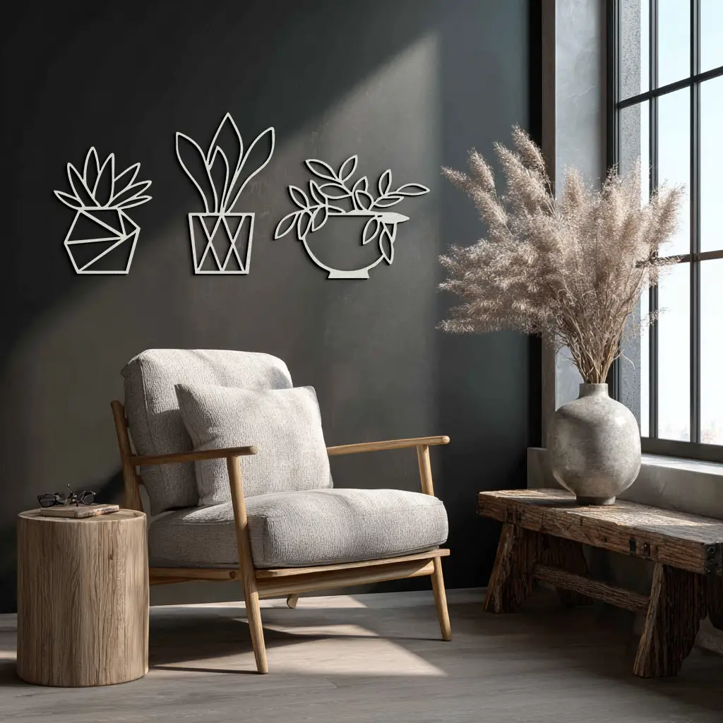 Geometric Plant Silhouette Metal Wall Art – Modern Black Botanical Home Decor- KAF519 by Enova Art