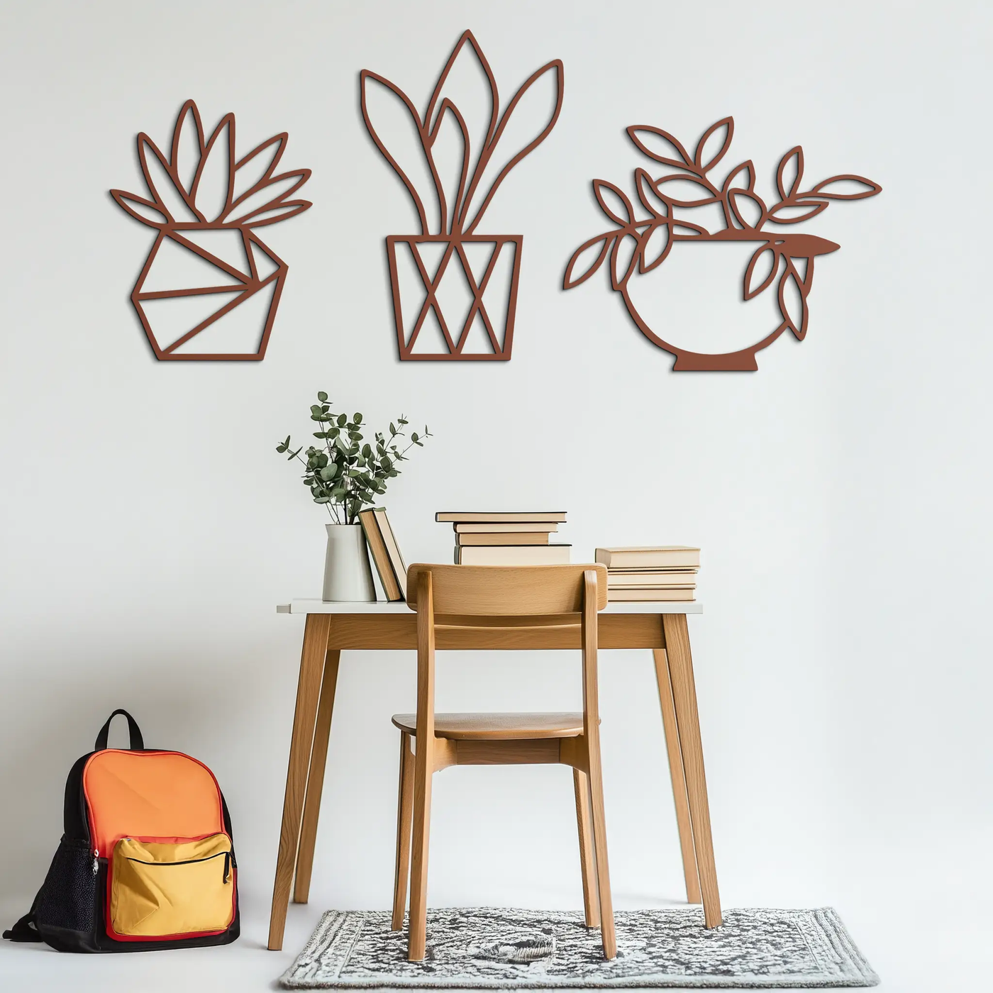 Geometric Plant Silhouette Metal Wall Art – Modern Black Botanical Home Decor- KAF519 by Enova Art
