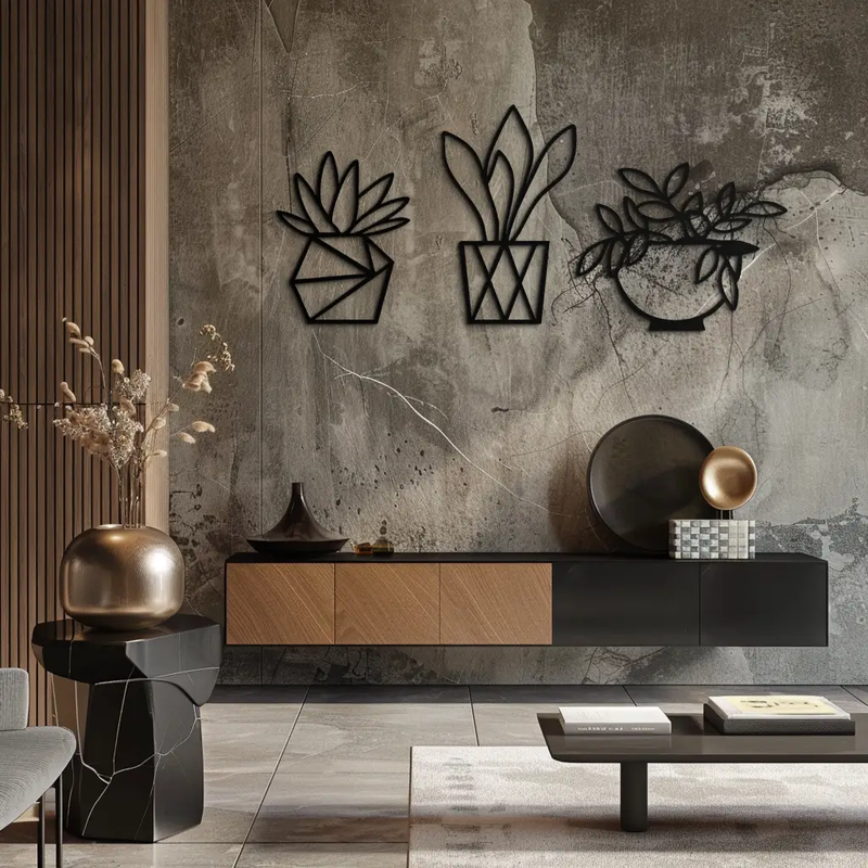 Geometric Plant Silhouette Metal Wall Art – Modern Black Botanical Home Decor- KAF519 by Enova Art