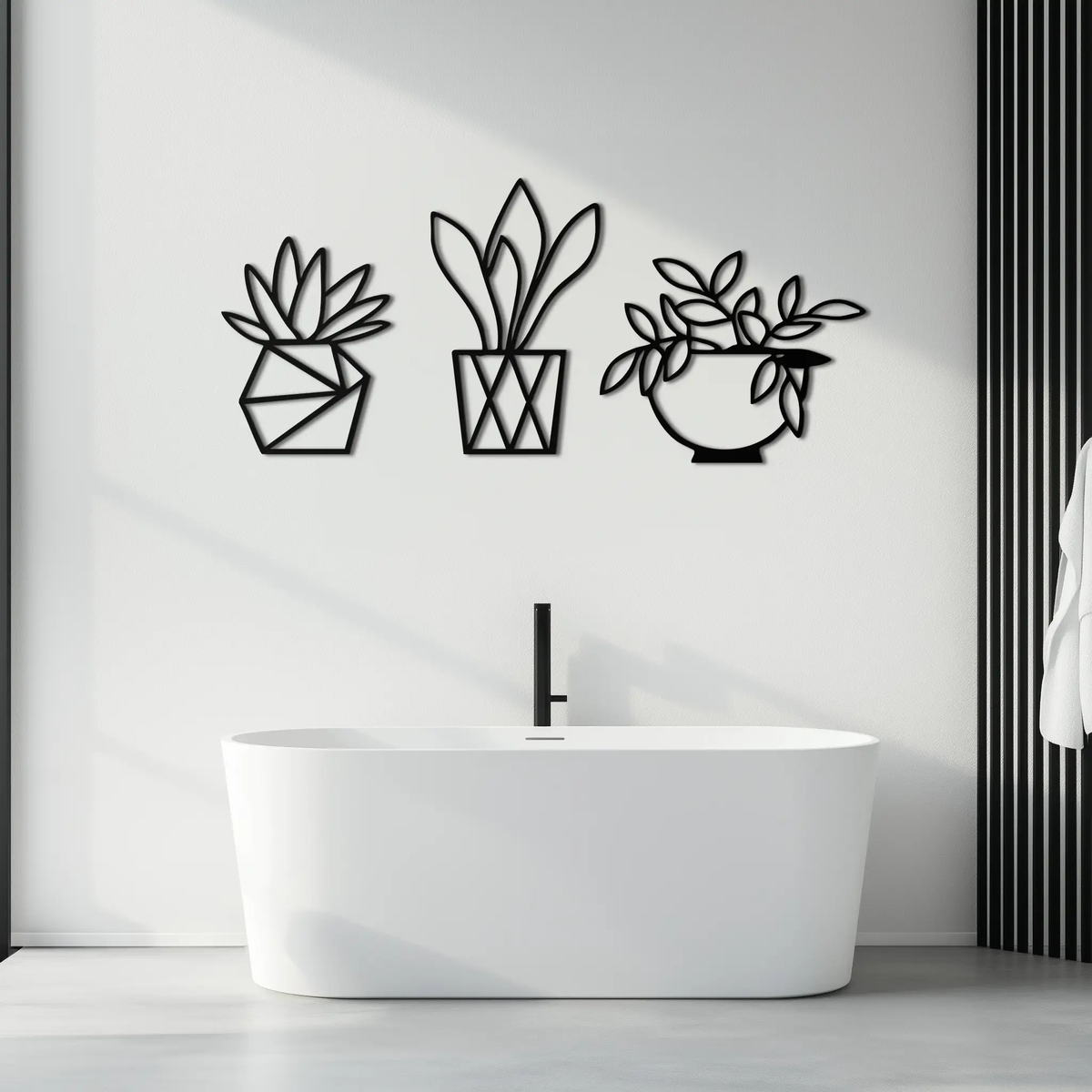 Geometric Plant Silhouette Metal Wall Art – Modern Black Botanical Home Decor- KAF519 by Enova Art
