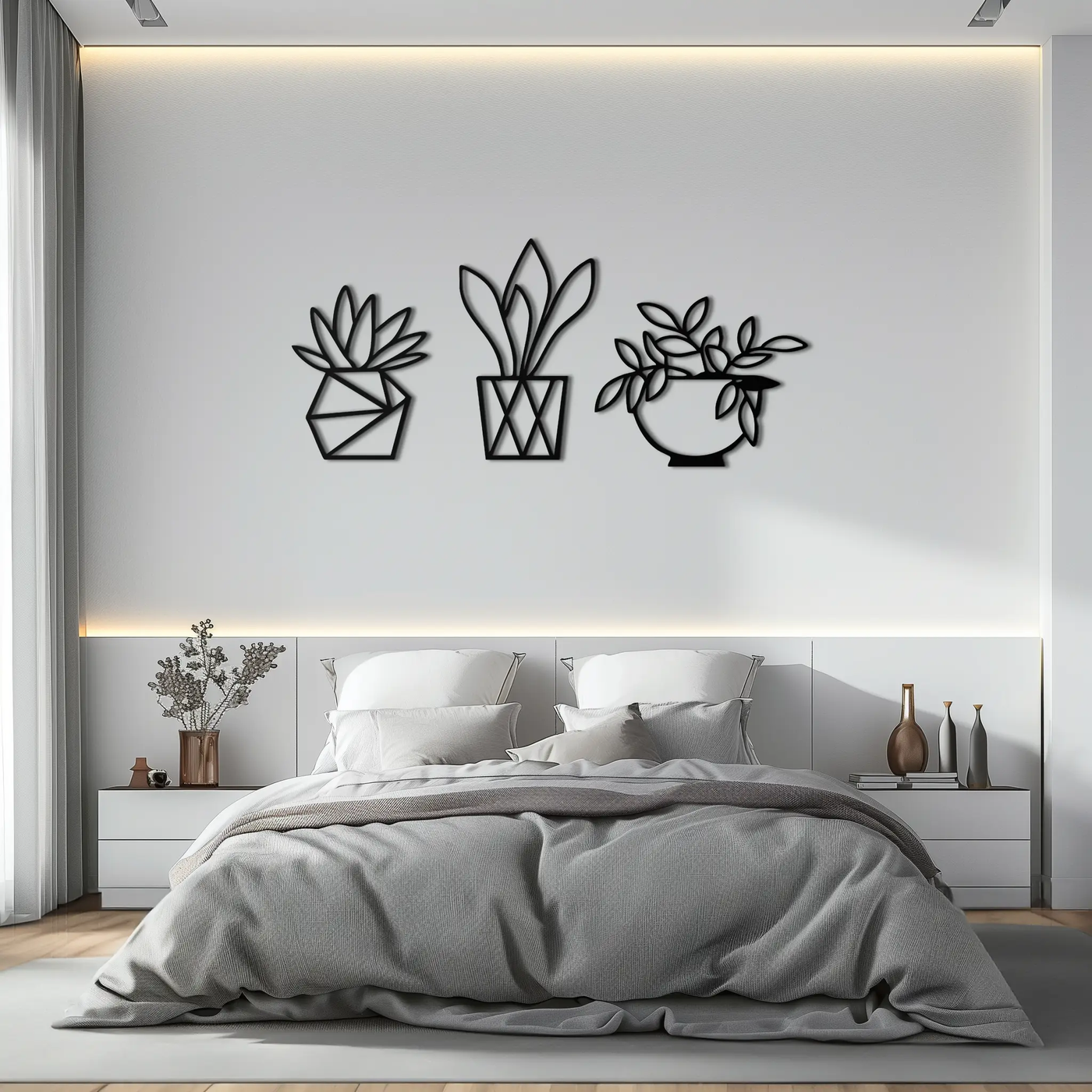 Geometric Plant Silhouette Metal Wall Art – Modern Black Botanical Home Decor- KAF519 by Enova Art