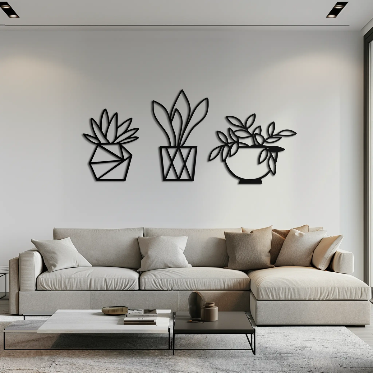 Geometric Plant Silhouette Metal Wall Art – Modern Black Botanical Home Decor- KAF519 by Enova Art