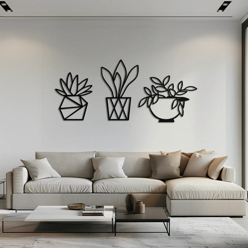 Geometric Plant Silhouette Metal Wall Art – Modern Black Botanical Home Decor- KAF519 by Enova Art