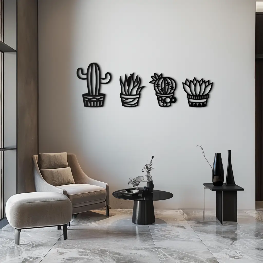Cactus Silhouette Metal Wall Art – Modern Black Botanical Garden Decor- KAF520 by Enova Art