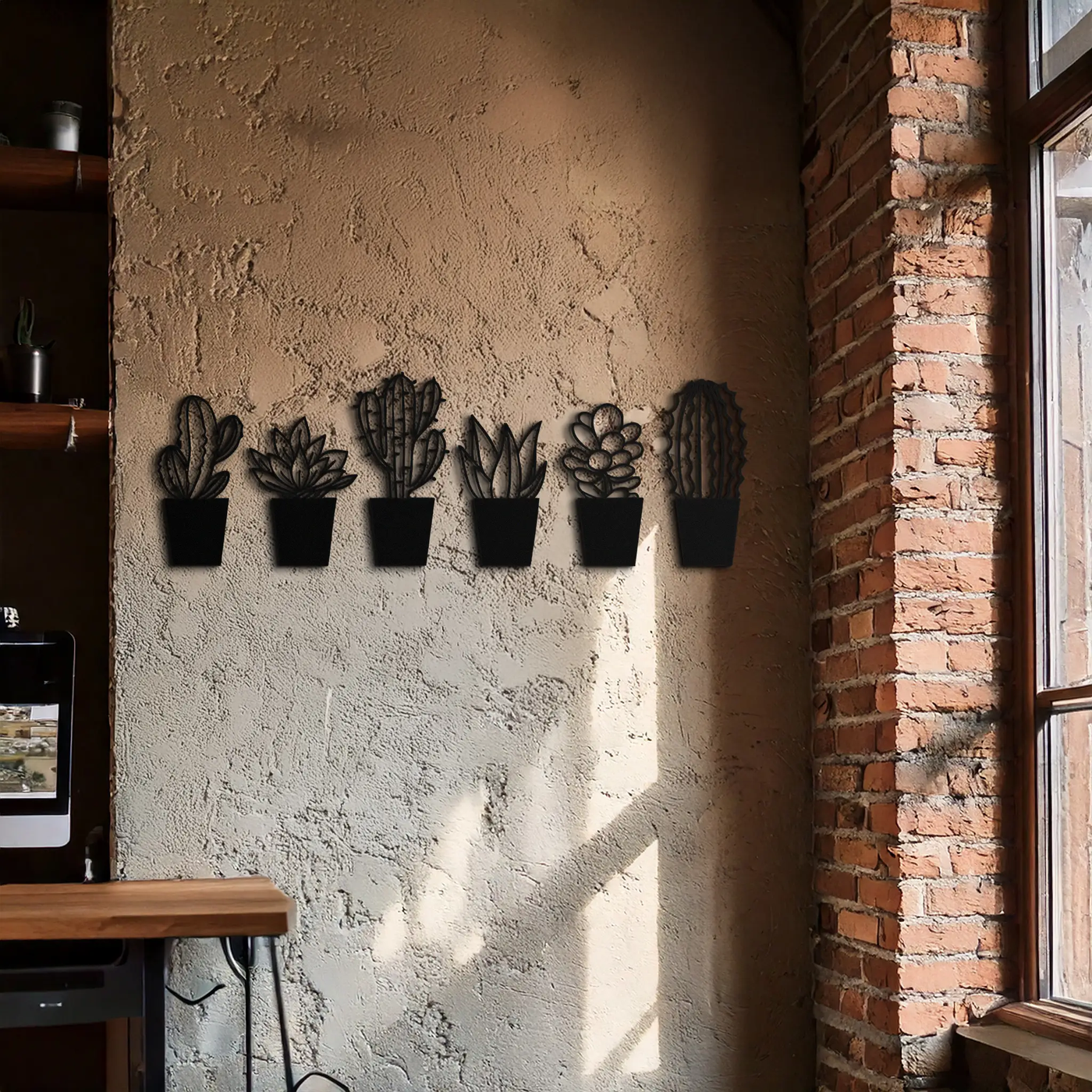 Cactus Succulent Plant Metal Wall Art – Modern Black Botanical Home Decor- KAF521 by Enova Art