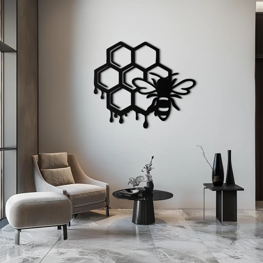 Honeybee and Honeycomb Silhouette Metal Wall Art – Modern Bee Home Decor- KAF543 by Enova Art