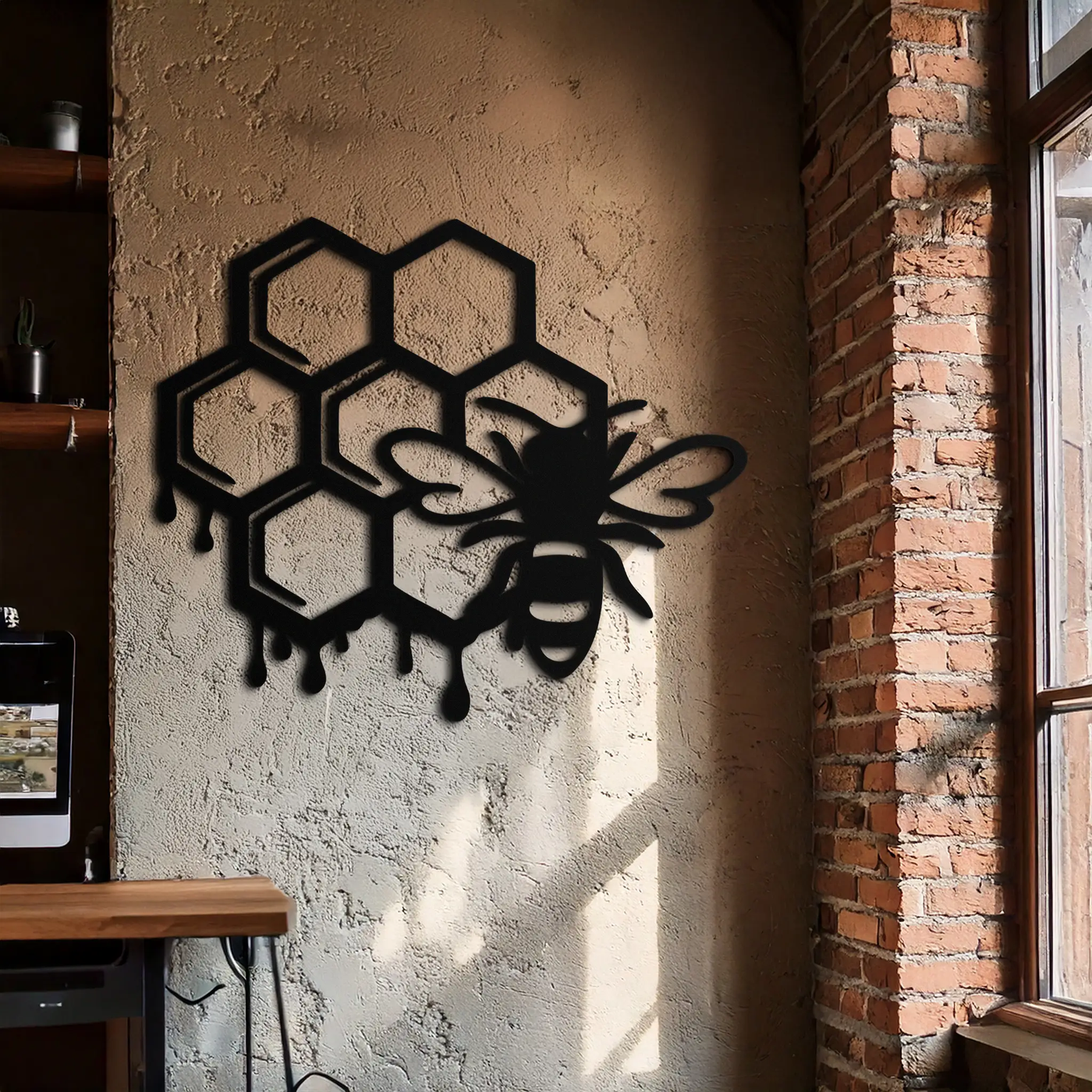 Honeybee and Honeycomb Silhouette Metal Wall Art – Modern Bee Home Decor- KAF543 by Enova Art