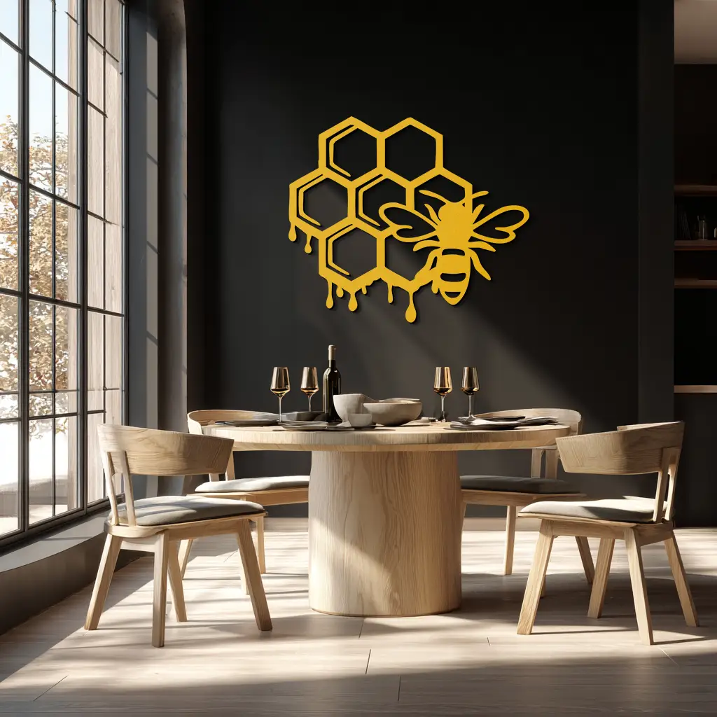Honeybee and Honeycomb Silhouette Metal Wall Art – Modern Bee Home Decor- KAF543 by Enova Art