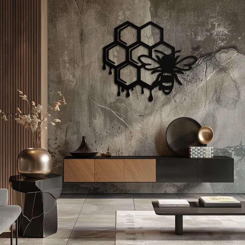 Honeybee and Honeycomb Silhouette Metal Wall Art – Modern Bee Home Decor- KAF543 by Enova Art