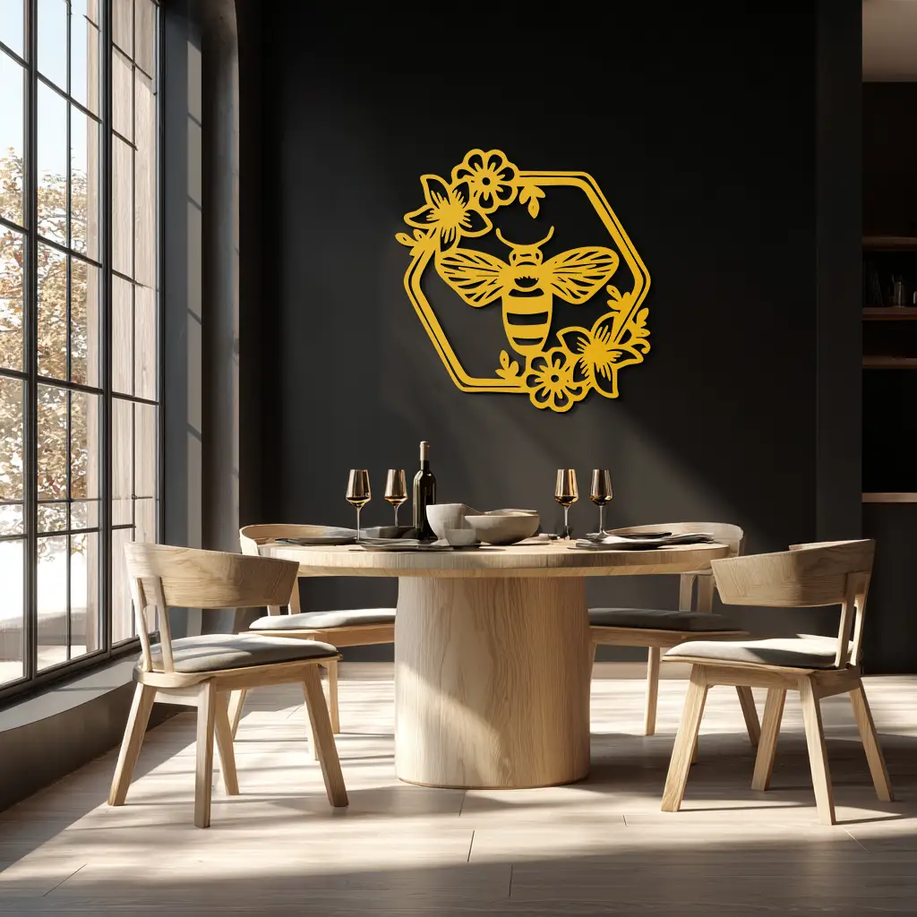 Floral Bee Silhouette Metal Wall Art – Nature Inspired Home Decoration- KAF544 by Enova Art