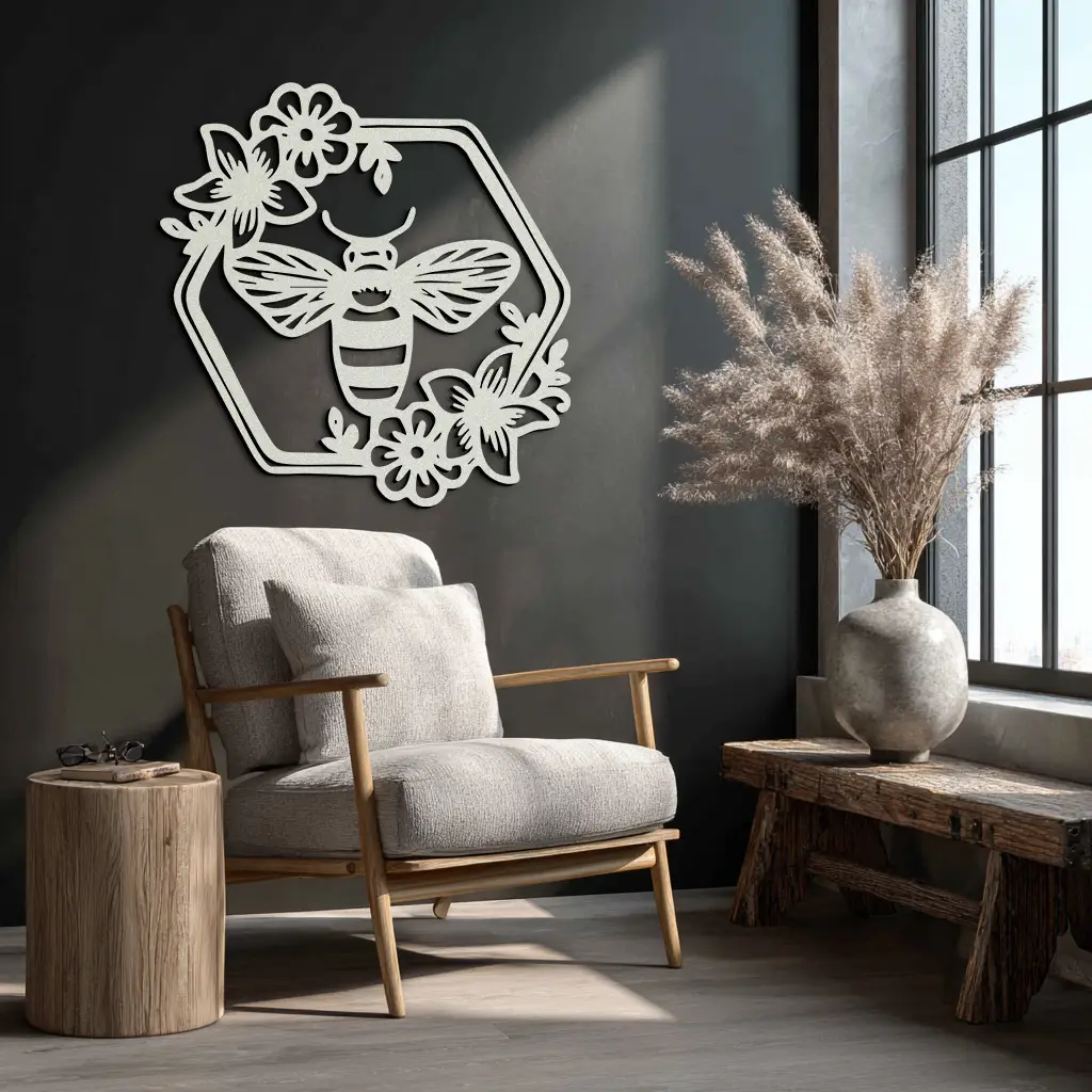 Floral Bee Silhouette Metal Wall Art – Nature Inspired Home Decoration- KAF544 by Enova Art