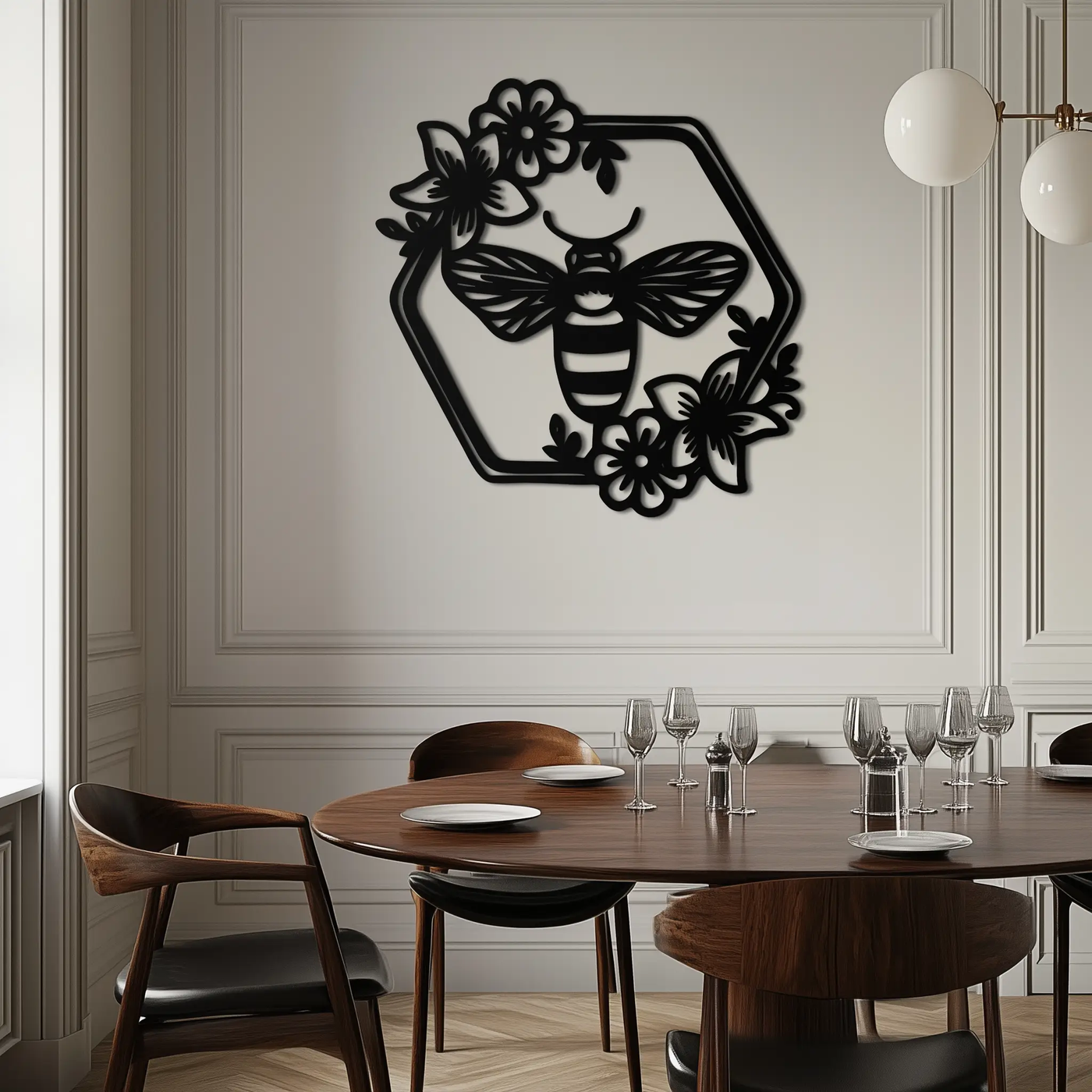 Floral Bee Silhouette Metal Wall Art – Nature Inspired Home Decoration- KAF544 by Enova Art