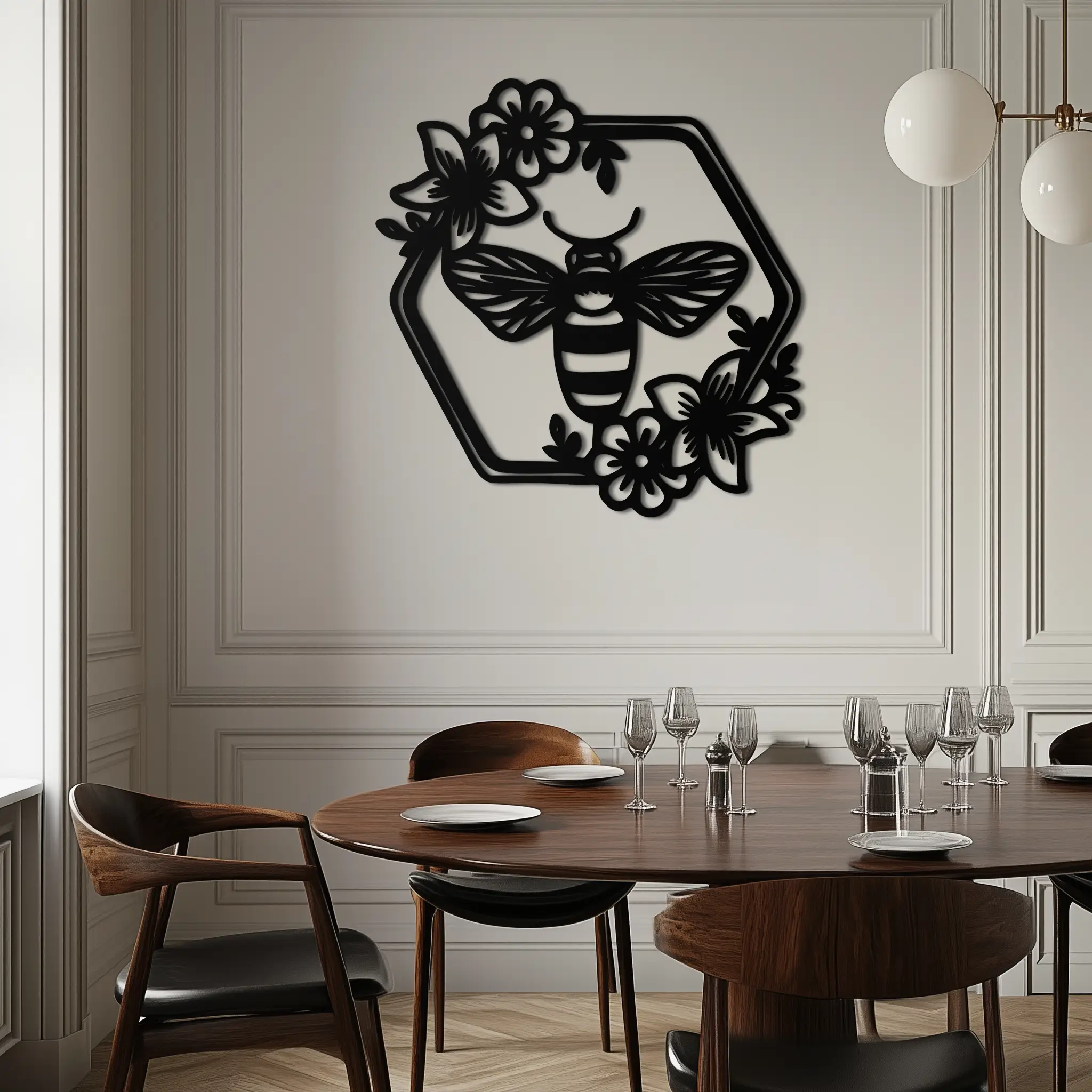 Floral Bee Silhouette Metal Wall Art – Nature Inspired Home Decoration- KAF544 by Enova Art