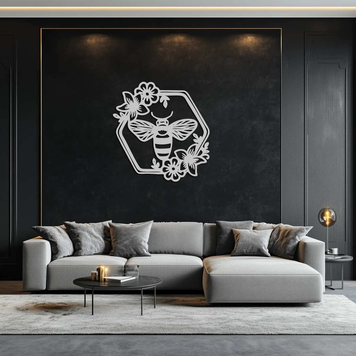 Floral Bee Silhouette Metal Wall Art – Nature Inspired Home Decoration- KAF544 by Enova Art