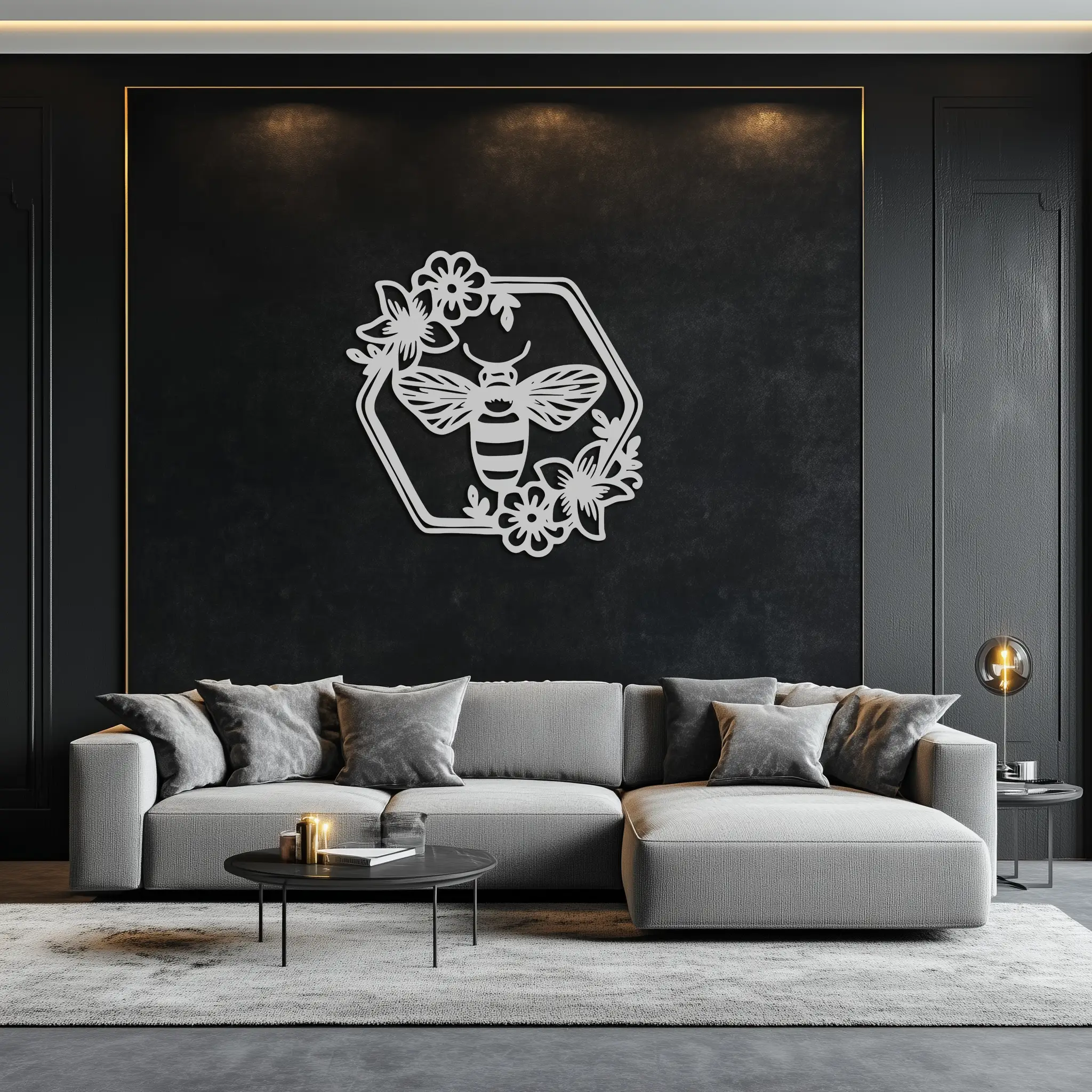 Floral Bee Silhouette Metal Wall Art – Nature Inspired Home Decoration- KAF544 by Enova Art