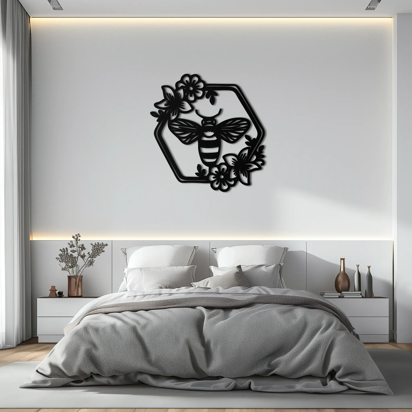 Floral Bee Silhouette Metal Wall Art – Nature Inspired Home Decoration- KAF544 by Enova Art