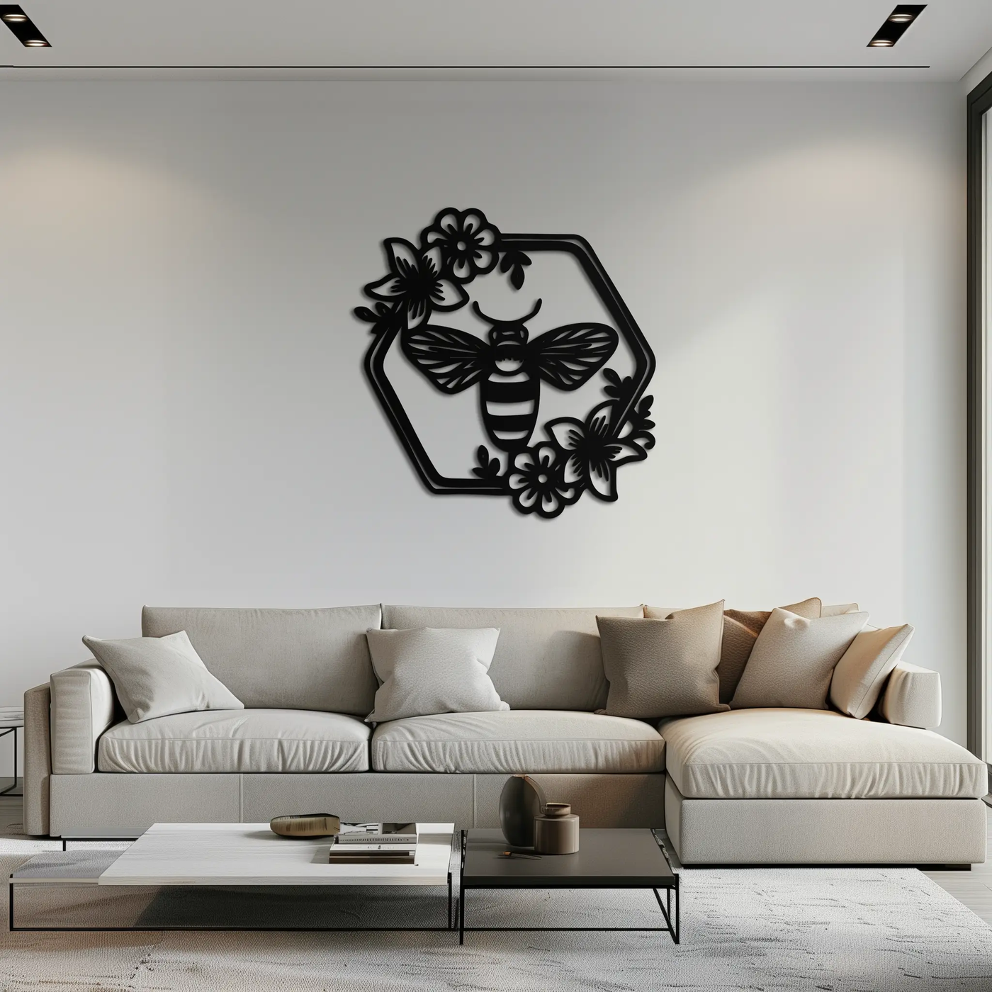 Floral Bee Silhouette Metal Wall Art – Nature Inspired Home Decoration- KAF544 by Enova Art