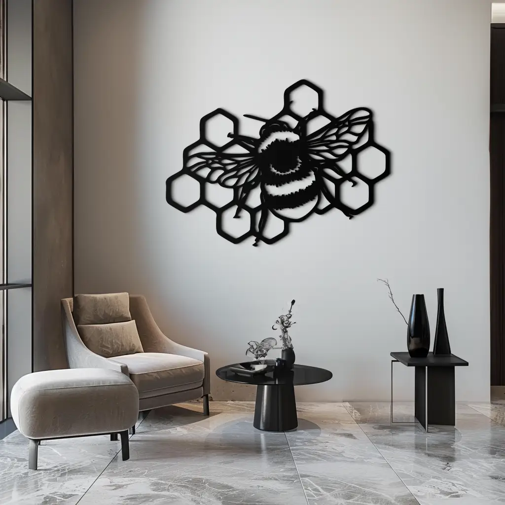 Bumblebee and Honeycomb Silhouette Metal Wall Art – Nature-Inspired Black Bee Decor- KAF545 by Enova Art
