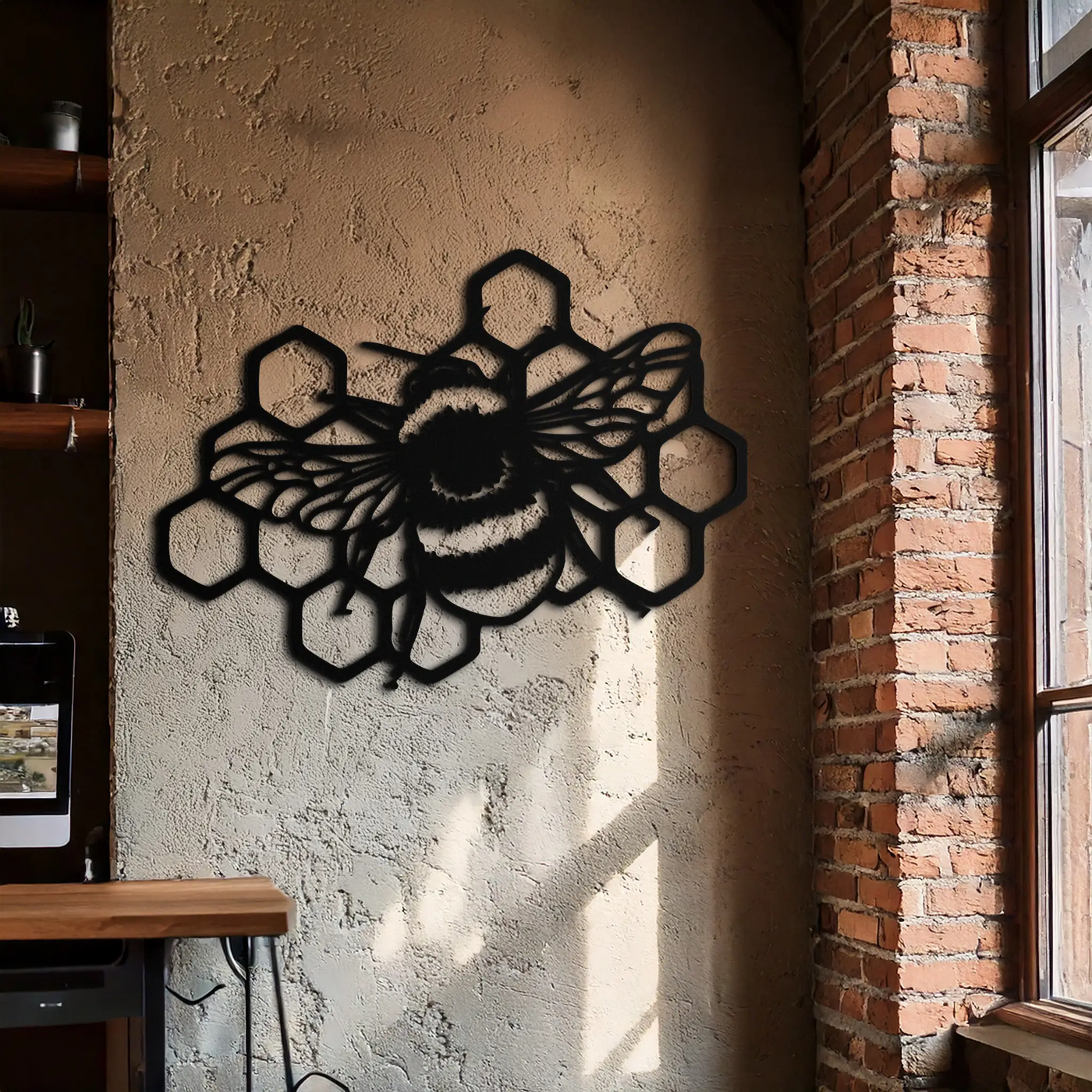 Bumblebee and Honeycomb Silhouette Metal Wall Art – Nature-Inspired Black Bee Decor- KAF545 by Enova Art