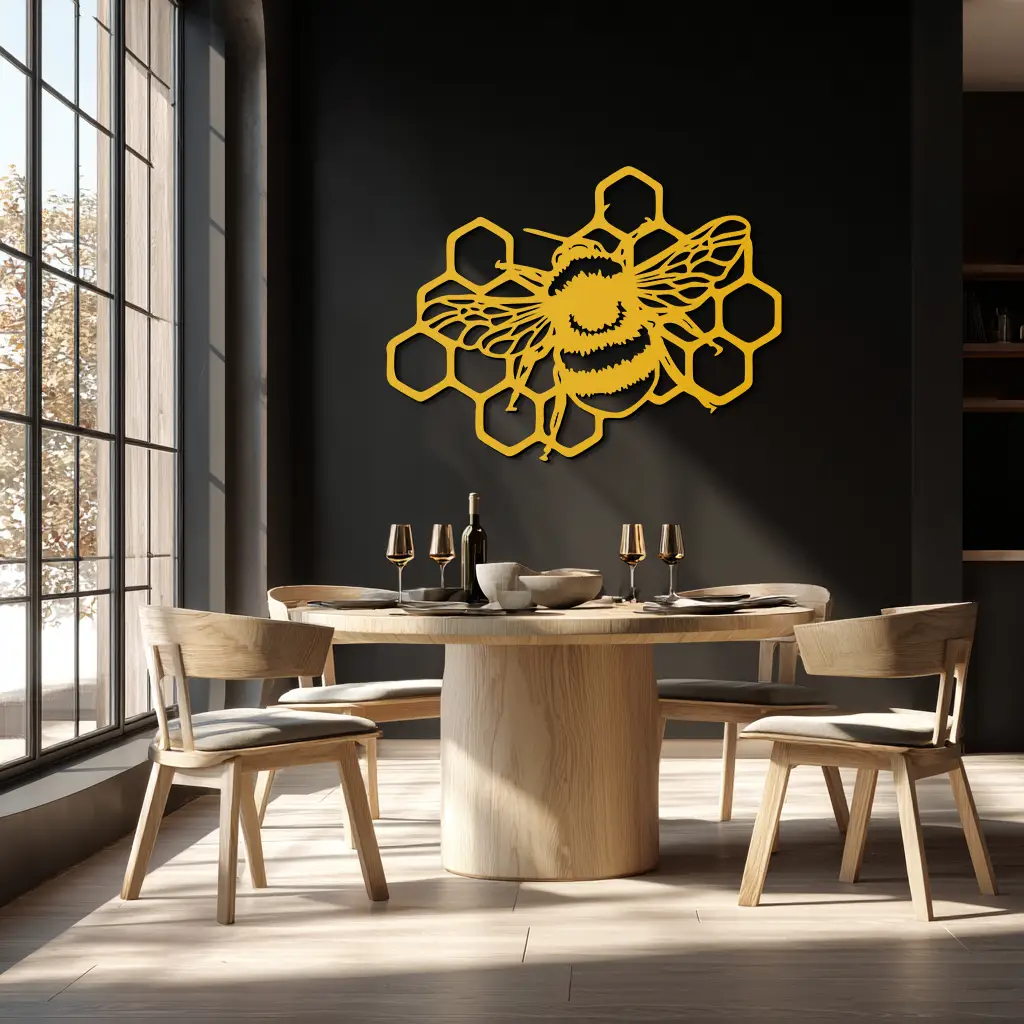 Bumblebee and Honeycomb Silhouette Metal Wall Art – Nature-Inspired Black Bee Decor- KAF545 by Enova Art