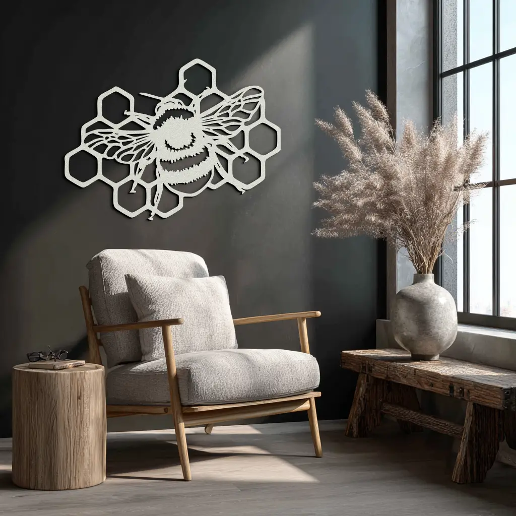 Bumblebee and Honeycomb Silhouette Metal Wall Art – Nature-Inspired Black Bee Decor- KAF545 by Enova Art