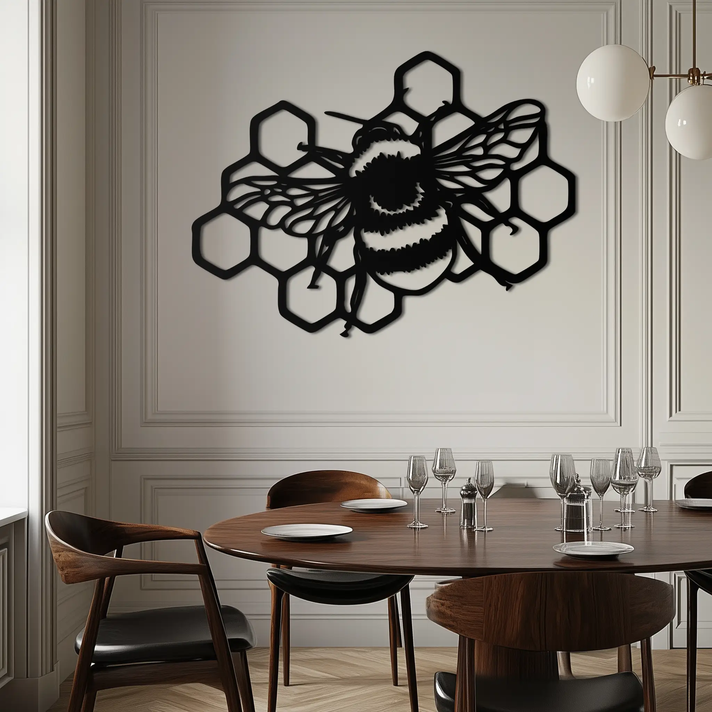 Bumblebee and Honeycomb Silhouette Metal Wall Art – Nature-Inspired Black Bee Decor- KAF545 by Enova Art
