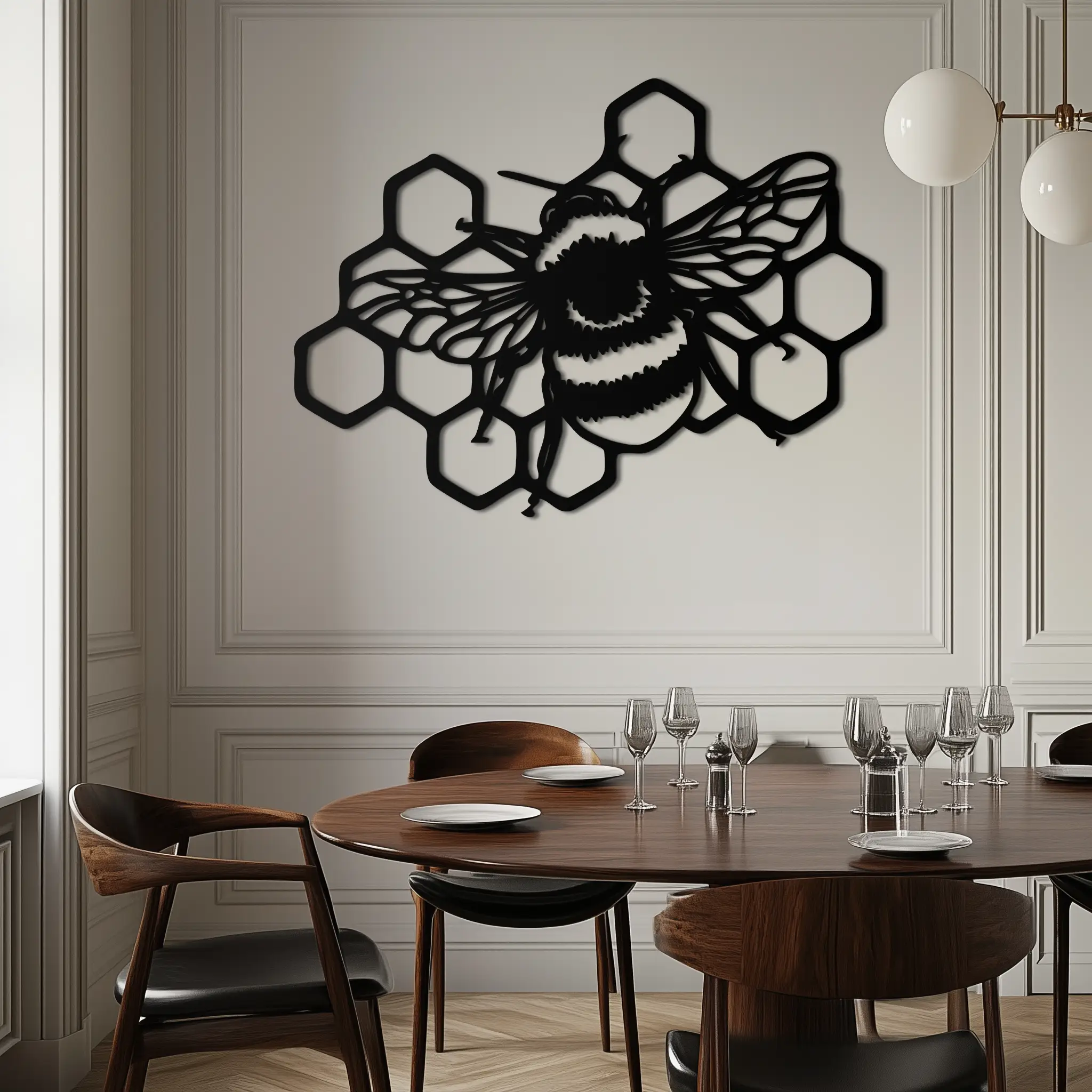 Bumblebee and Honeycomb Silhouette Metal Wall Art – Nature-Inspired Black Bee Decor- KAF545 by Enova Art