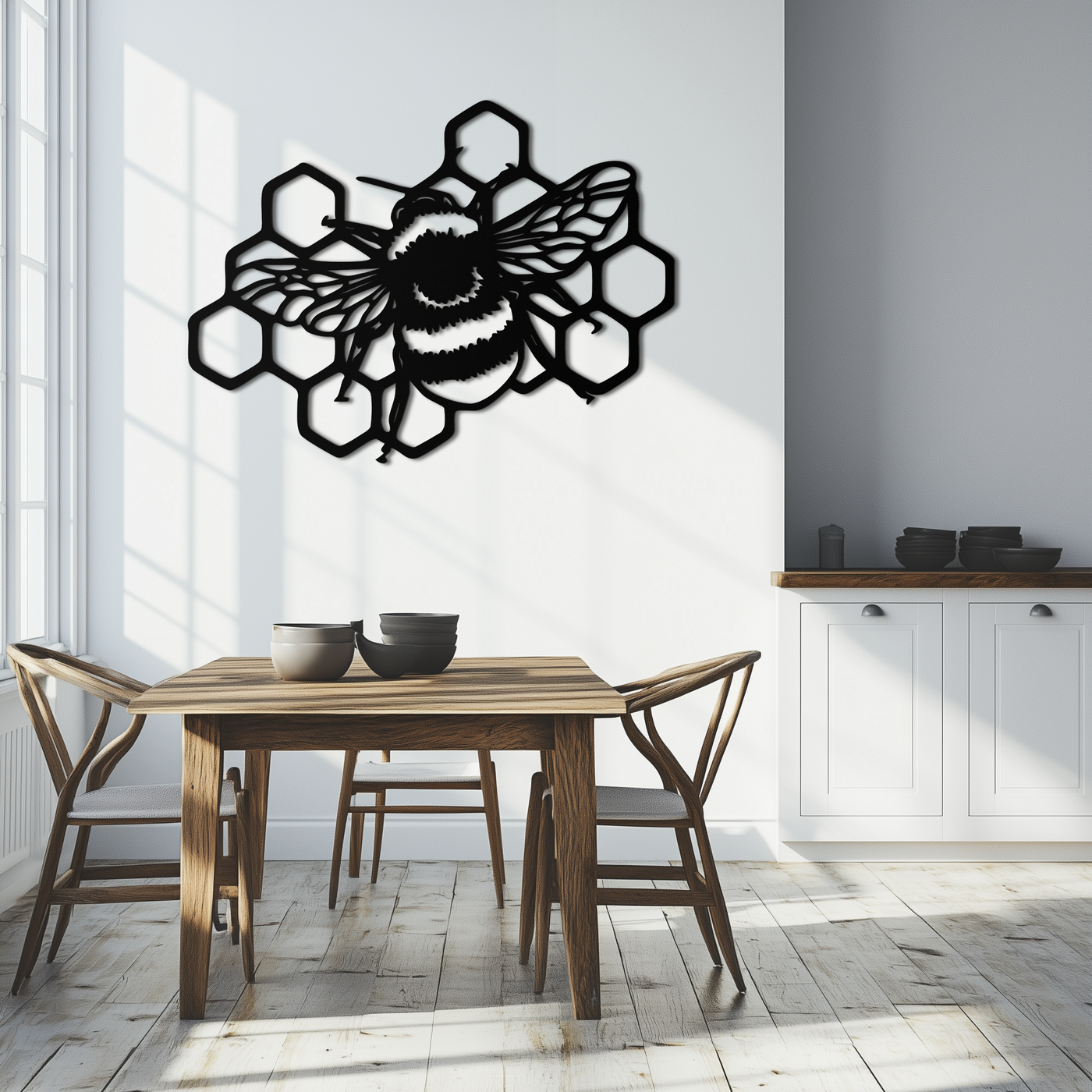 Bumblebee and Honeycomb Silhouette Metal Wall Art – Nature-Inspired Black Bee Decor- KAF545 by Enova Art