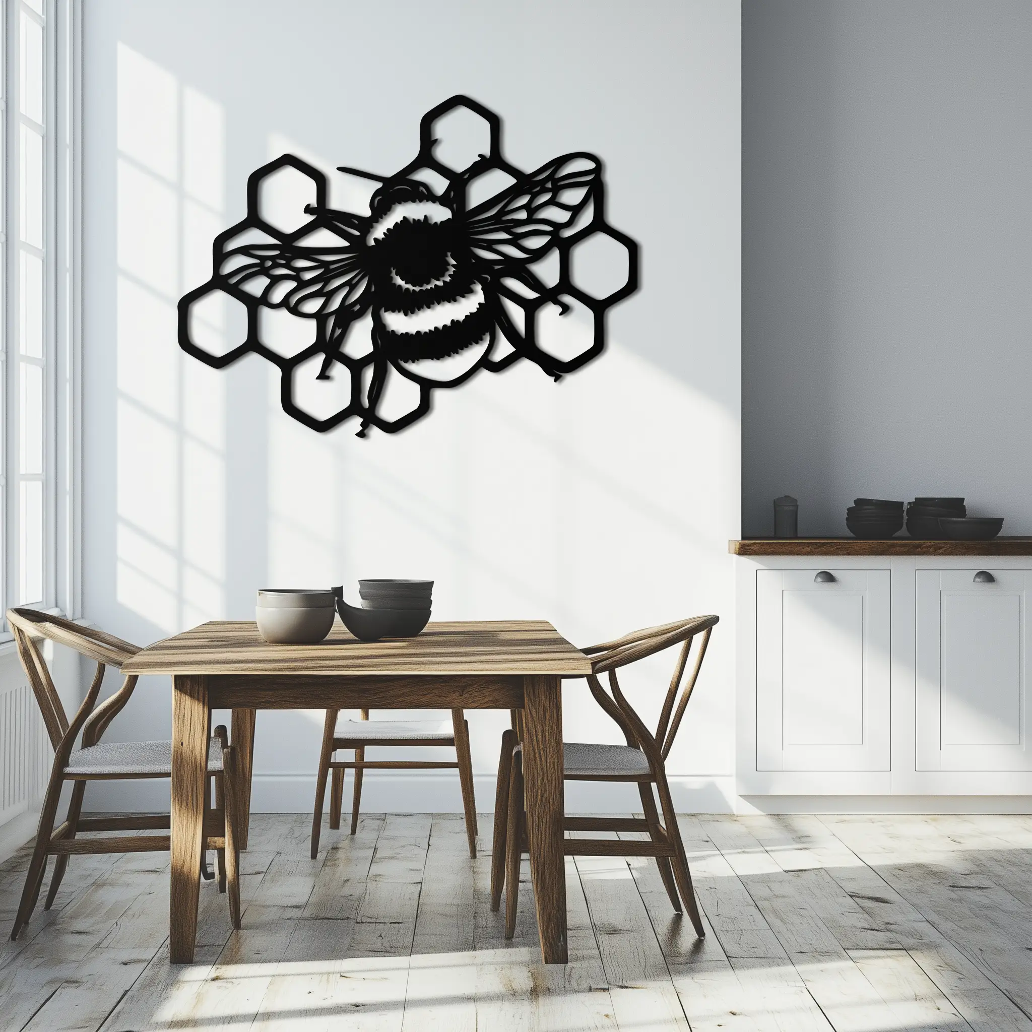 Bumblebee and Honeycomb Silhouette Metal Wall Art – Nature-Inspired Black Bee Decor- KAF545 by Enova Art