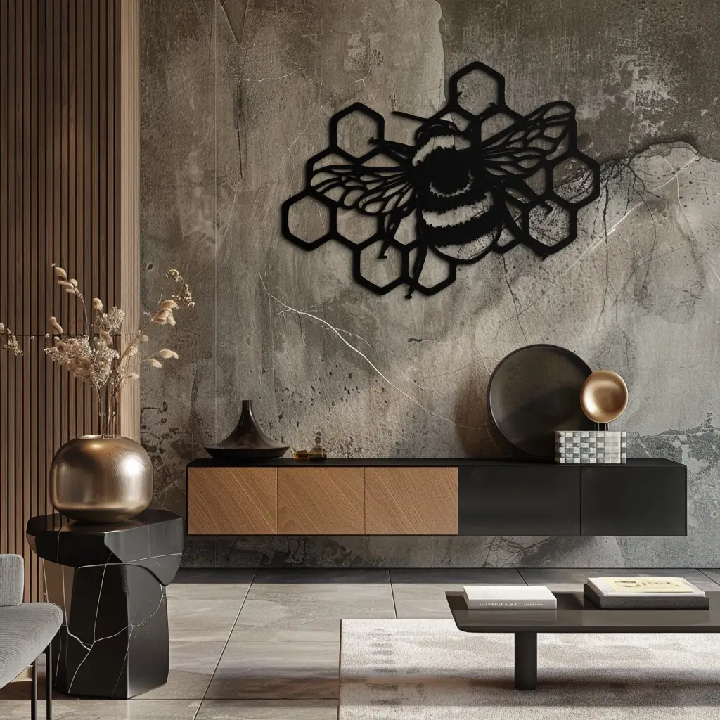 Bumblebee and Honeycomb Silhouette Metal Wall Art – Nature-Inspired Black Bee Decor- KAF545 by Enova Art