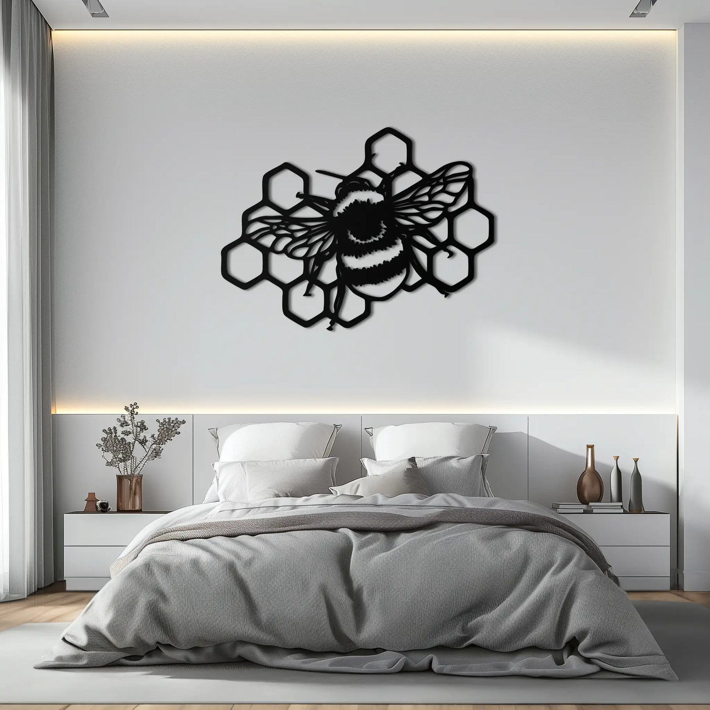 Bumblebee and Honeycomb Silhouette Metal Wall Art – Nature-Inspired Black Bee Decor- KAF545 by Enova Art
