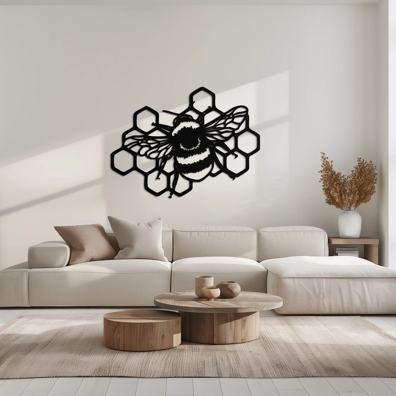 Bumblebee and Honeycomb Silhouette Metal Wall Art – Nature-Inspired Black Bee Decor- KAF545 by Enova Art