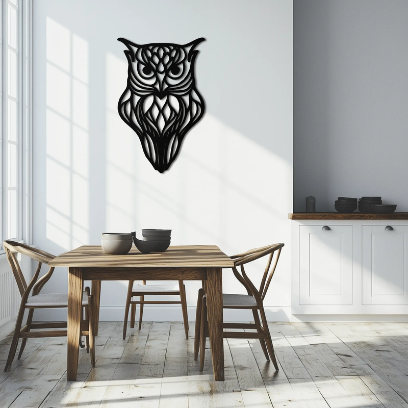 Artistic Owl Silhouette Metal Wall Art – Intricate Black Animal Decor- KAF546 by Enova Art